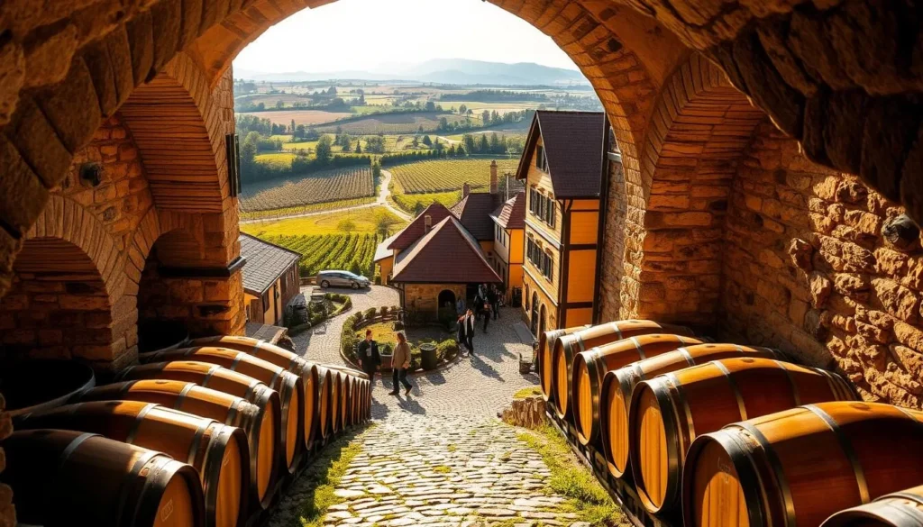 A picturesque scene of South Moravian wine cellars nestled in the rolling hills. Sunlight streams through the arched stone entrances, casting warm golden hues across the weathered facades. In the foreground, rows of oak barrels line the cellar's interior, hinting at the rich, full-bodied vintages within. The middle ground features winding cobblestone paths leading between the distinctive buildings, with locals and visitors mingling amidst the tranquil atmosphere. In the background, a patchwork of vineyards and lush greenery stretches out, framed by distant mountains. Capture the timeless charm and centuries-old winemaking tradition of this unique cultural experience.