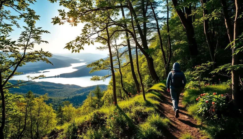 A picturesque scene of a hiker trekking through a lush, verdant forest. The sunlight filters through the canopy, casting a warm, golden glow on the path ahead. In the foreground, a well-worn hiking trail winds its way through the undergrowth, dotted with vibrant wildflowers. The hiker, clad in sturdy hiking gear, strides purposefully, their backpack visible as they navigate the uneven terrain. In the distance, the tranquil waters of the Rozkos Reservoir glisten, framed by rolling hills and the silhouettes of distant peaks. An atmosphere of peaceful exploration and natural wonder pervades the scene.
