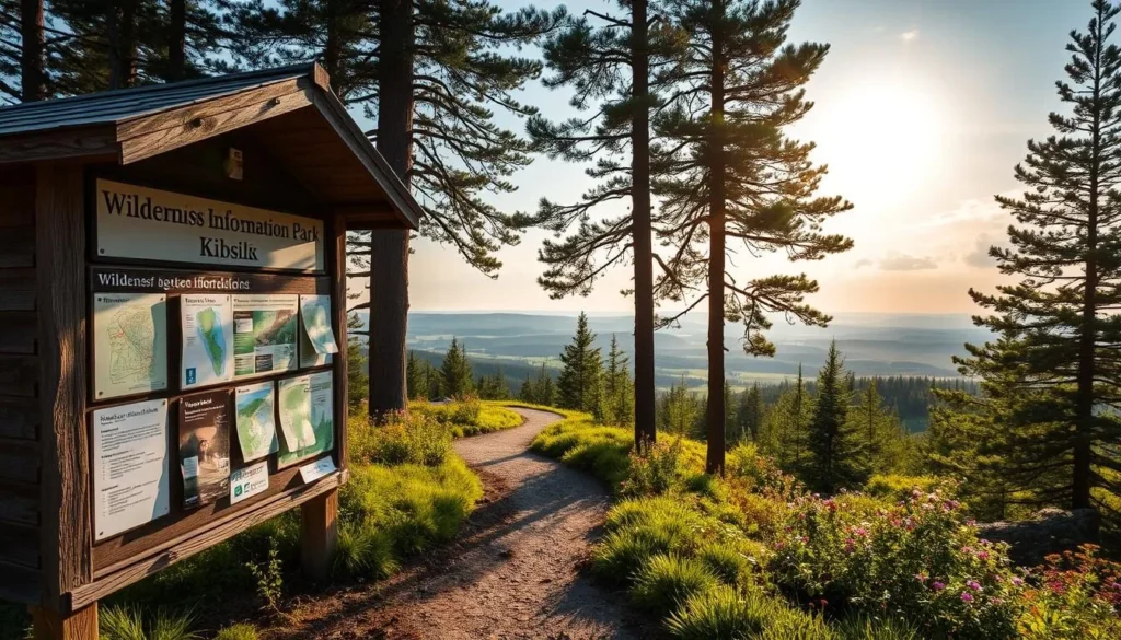 A picturesque scene of a wilderness information kiosk nestled in a lush, verdant landscape. In the foreground, a weathered wooden structure with a slanted roof and an open-air design, displaying maps, trail guides, and other informative materials. The middle ground features a winding path leading into the distance, flanked by towering pine trees and vibrant wildflowers. The background showcases a panoramic view of rolling hills, with the sun filtering through the canopy, casting a warm, golden glow over the entire scene. The overall atmosphere conveys a sense of tranquility and adventure, inviting visitors to explore the natural wonders of the Urho Kekkonen National Park.
