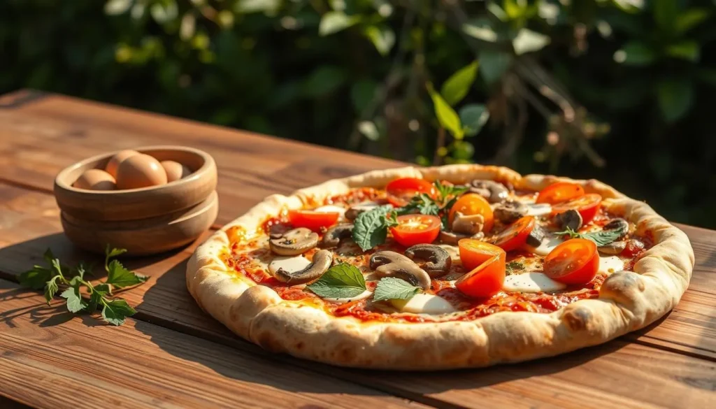 A picturesque scene of an artisanal vegan pizza on a rustic wooden table, bathed in warm, natural lighting. The crust has a beautiful golden-brown hue, topped with a vibrant assortment of fresh vegetables, such as sliced tomatoes, bell peppers, and mushrooms, alongside creamy dairy-free cheese. The aroma of fragrant herbs and spices wafts through the air, creating a welcoming and appetizing atmosphere. In the background, a lush, verdant foliage frames the scene, conveying a sense of wholesomeness and sustainability. The overall composition exudes a sense of culinary craftsmanship and a celebration of plant-based indulgence.