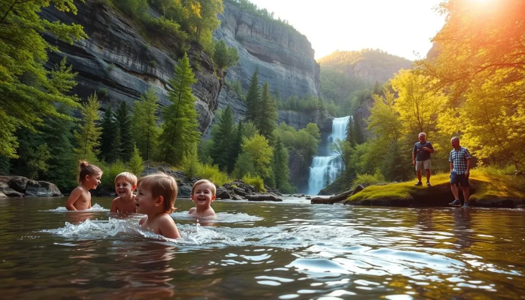 A picturesque scene of family-friendly activities at Ausable Chasm. In the foreground, children playfully explore the shallow waters, their laughter echoing through the lush, verdant surroundings. In the middle ground, hikers traverse scenic trails, taking in the dramatic rock formations and cascading waterfalls. The background is dominated by the majestic, towering cliffs of the chasm, bathed in warm, golden sunlight that filters through the canopy of trees. The atmosphere is one of tranquility and adventure, inviting visitors to immerse themselves in the natural wonder of this iconic New York landmark.