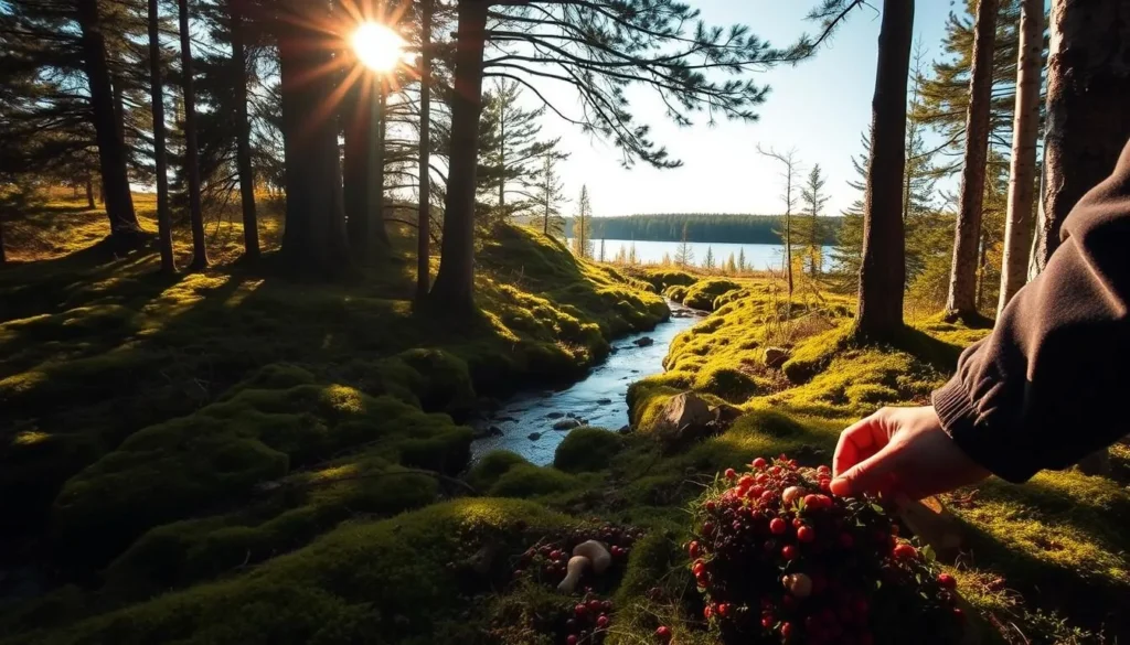A picturesque scene of foraging in the Lake Vaddoviken area, Sweden. In the foreground, a person carefully gathers wild berries and mushrooms from the lush, mossy forest floor. Dappled sunlight filters through the canopy of ancient pine and birch trees, casting a warm, golden glow over the tranquil scene. In the middle ground, a small stream meanders through the undergrowth, its clear waters reflecting the surrounding foliage. In the distance, the serene lake shimmers under a cloudless sky, inviting exploration of its pristine shores. The overall mood is one of peaceful connection with nature's bounty and the simple pleasures of outdoor foraging.