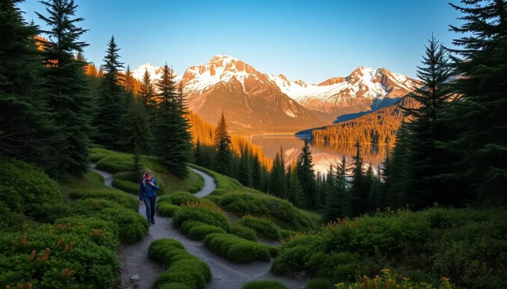 A picturesque scene of hiking trails winding through the lush, verdant forests surrounding the serene Lake Snasavatnet in Norway. Majestic snow-capped mountains rise in the distance, their peaks bathed in warm, golden sunlight. Hikers traverse the well-maintained trails, taking in the breathtaking vistas of the crystal-clear waters reflecting the surrounding landscape. Lush, vibrant foliage lines the paths, creating a sense of tranquility and connection with nature. The lighting is soft and diffused, creating a warm, inviting atmosphere. Capture the peaceful, serene essence of this idyllic hiking destination.