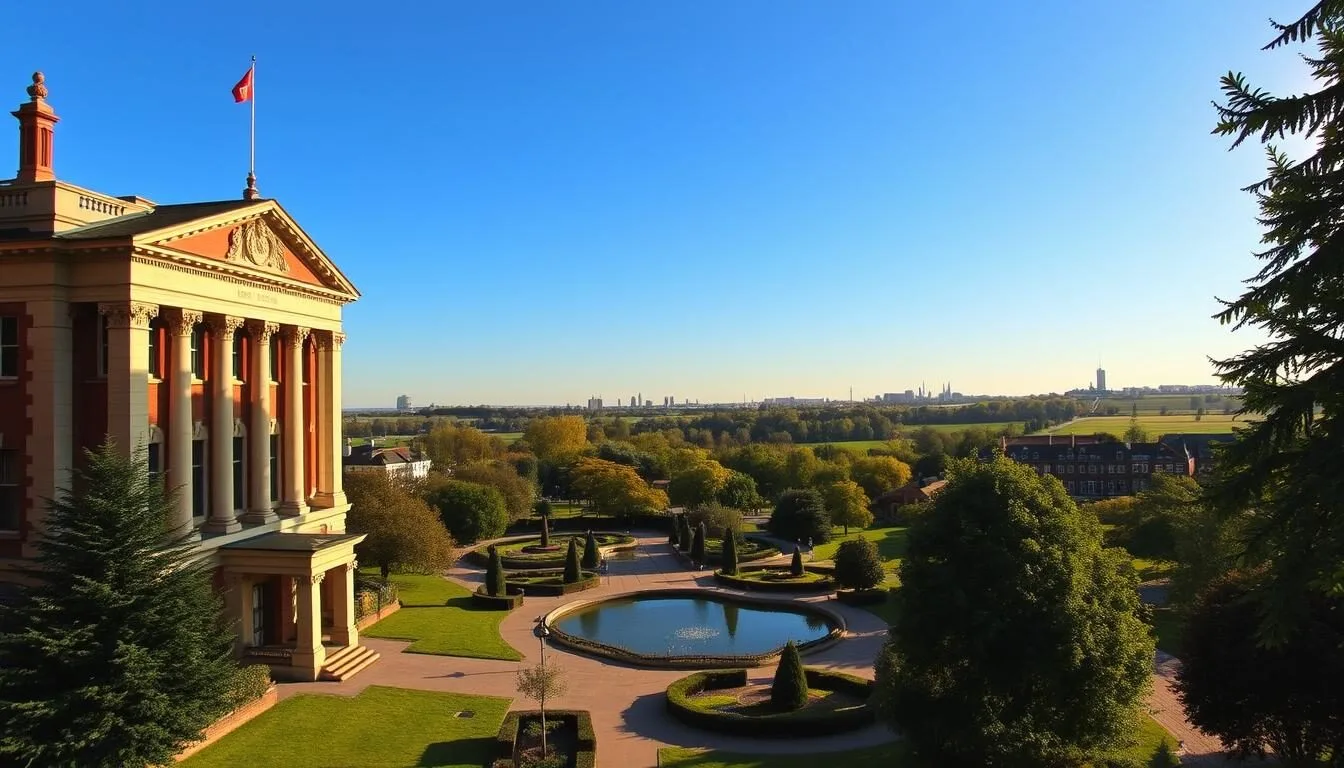 A picturesque scene of iconic Redbridge attractions on a pleasant day. In the foreground, the striking architecture of Redbridge Town Hall, its neoclassical facade bathed in warm, golden sunlight. In the middle ground, the serene Valentines Park with its charming boating lake and manicured gardens. In the background, the historic Wanstead Flats, their lush green fields and wooded areas stretching out beneath a bright, azure sky. Ambient lighting creates a soft, inviting atmosphere, highlighting the vibrant colors and details of this quintessentially English landscape.