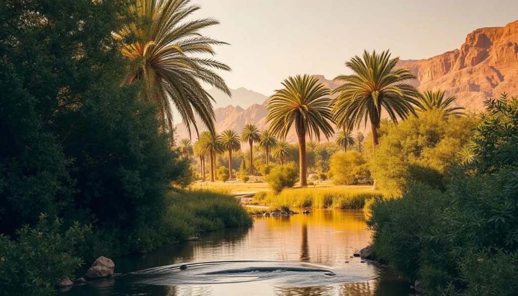 A picturesque scene of natural beauty in Ahvaz, Iran. In the foreground, a tranquil stream winds its way through lush, verdant foliage, its waters reflecting the warm, golden sunlight. In the middle ground, towering palm trees sway gently in a soft breeze, their fronds casting dappled shadows on the ground below. Beyond, rugged, ochre-hued mountains rise majestically, their peaks bathed in a hazy, atmospheric light. The overall mood is one of serene, natural harmony, inviting the viewer to immerse themselves in the captivating landscape.