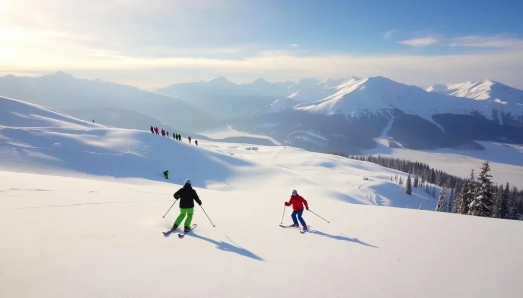A picturesque scene of skiers gliding down a snowy slope at Crooked Lake, British Columbia. The foreground features two skiers carving graceful turns, their brightly colored outfits contrasting against the pristine white landscape. In the middle ground, a group of skiers ascend a gentle incline, while in the background, snow-capped peaks rise majestically, bathed in the warm glow of the winter sun. The lighting is soft and diffused, creating a serene and tranquil atmosphere. The image conveys the thrill and joy of winter sports amidst the stunning natural beauty of the Canadian wilderness.