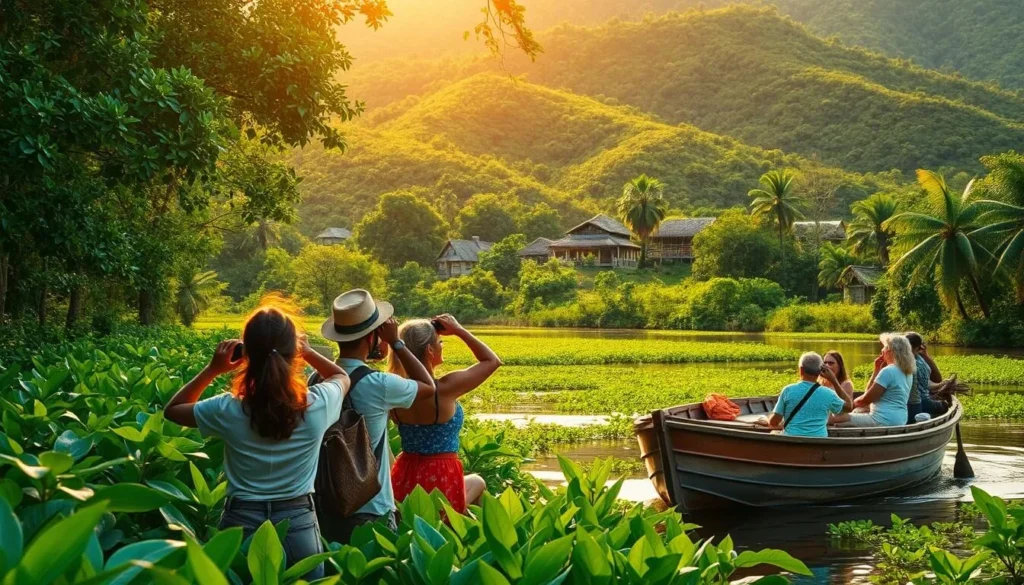 A picturesque scene of sustainable tourism in the lush, tropical landscape of Nieuw Nickerie, Suriname. In the foreground, a group of eco-tourists explore the verdant mangrove forests, taking in the abundant wildlife through binoculars. In the middle ground, a traditional wooden boat gently glides across a tranquil river, its passengers marveling at the diverse flora and fauna. The background features rolling hills blanketed in vibrant greenery, with the occasional thatched-roof hut peeking out from the foliage. Warm, golden sunlight filters through the canopy, casting a serene, natural glow over the entire scene. The mood is one of harmony, adventure, and a deep appreciation for the region's delicate environmental balance.