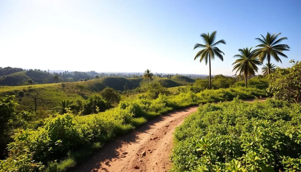 A picturesque scene of the Brasilia trails on a pleasant day. In the foreground, a winding dirt path meanders through lush, verdant foliage, inviting hikers and bikers to explore. The middle ground features rolling hills dotted with towering palm trees, casting delicate shadows across the landscape. In the background, a clear blue sky stretches out, illuminating the scene with warm, natural lighting. The overall atmosphere is serene and tranquil, capturing the essence of an idyllic outdoor adventure in the heart of Brasilia, Brazil.