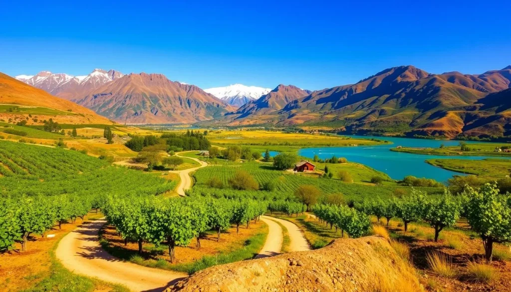 A picturesque scene of the Elqui Valley in Chile, bathed in warm, golden sunlight. In the foreground, a winding dirt road cuts through lush, verdant vineyards and orchards, with the occasional adobe structure or traditional Chilean barn dotting the landscape. In the middle ground, the dramatic, rocky peaks of the Andes mountains rise up, their snow-capped summits glittering in the clear, azure sky. In the distance, the serene, turquoise waters of the Elqui River flow through the valley, reflecting the surrounding natural beauty. The overall mood is one of tranquility, wonder, and the timeless charm of this magical, pastoral region.