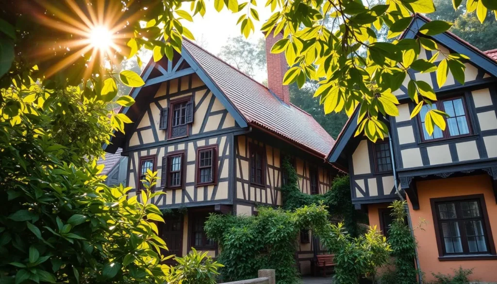 A picturesque scene of the Enxaimel architecture in Blumenau, Brazil, on a pleasant day. Showcase the traditional half-timbered houses with their distinctive latticed facades, nestled amidst lush, verdant foliage. Capture the warm, golden sunlight filtering through the leaves, casting a soft, enchanting glow over the quaint, historic buildings. Compose the image to emphasize the harmonious blend of German-influenced design and the surrounding natural beauty. Depict the scene from a slightly elevated angle, allowing the viewer to appreciate the charming, well-preserved buildings and the serene, tranquil atmosphere of this unique cultural heritage site.