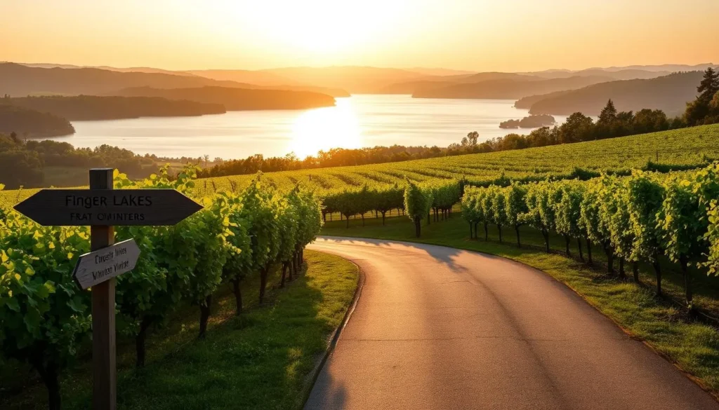 A picturesque scene of the Finger Lakes region of New York, showcasing a winding road leading through lush, rolling vineyards. The foreground features a wooden sign directing visitors to various wineries, while the middle ground displays rows of grapevines in full bloom, their leaves gently swaying in the breeze. In the background, the tranquil waters of one of the Finger Lakes glisten under a warm, golden sunset, with distant hills and forests providing a serene backdrop. The lighting is soft and natural, creating a warm, inviting atmosphere that captures the essence of the Finger Lakes wine country.