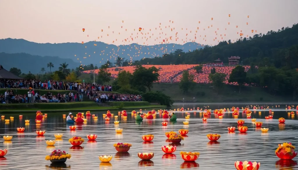 A picturesque scene of the Loy Krathong festival in Chiang Rai, Thailand. In the foreground, a serene lake is dotted with colorful, flower-adorned krathong floats gently drifting on the calm waters. The middle ground features lively crowds gathered along the lakeside, watching in awe as the sky is illuminated by the soft glow of countless floating lanterns. In the background, a landscape of rolling hills and lush, verdant foliage sets the stage for this enchanting cultural celebration. The warm, golden lighting casts a magical ambiance, while a crisp, clear day enhances the vibrant hues and tranquil atmosphere. The overall composition captures the essence of the Loy Krathong festival, a captivating blend of tradition, nature, and community in Chiang Rai.