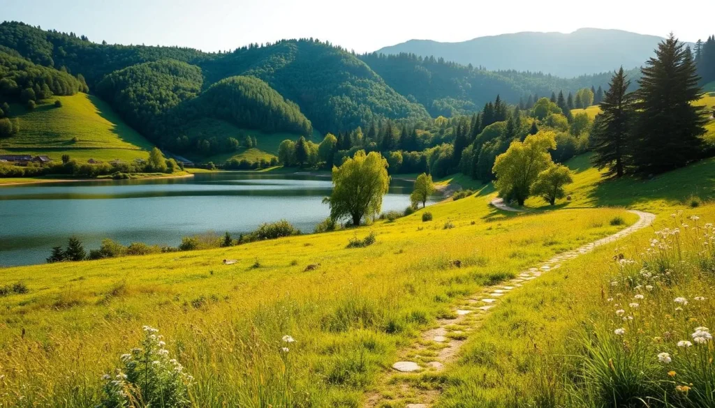 A picturesque scene of the Rozkos Reservoir's natural surroundings, captured in vibrant detail. A lush, verdant landscape unfolds, with rolling hills dotted with tall trees providing a serene backdrop. In the foreground, a winding path leads visitors through a charming meadow, where wildflowers sway gently in the warm, golden sunlight. A crystal-clear lake reflects the tranquil sky above, its serene waters inviting exploration. The overall atmosphere conveys a sense of peaceful escapism, perfect for a day trip from the reservoir. Capture this captivating regional attraction in a high-resolution, photorealistic style with a wide-angle lens.