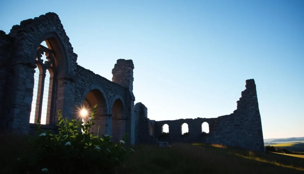 A picturesque scene of the ancient church ruins in Visby, Sweden, standing tall against a clear, azure sky. The weathered stone walls and crumbling arches exude a sense of timeless grandeur, their intricate architectural details captured in vivid detail. Soft, diffused sunlight filters through the remaining windows, casting a warm, ethereal glow over the site. In the foreground, lush green foliage and wildflowers add a touch of natural beauty, contrasting with the weathered structures. The middle ground showcases the impressive scale of the ruins, inviting the viewer to explore the site's rich history and religious significance. In the background, the rolling hills and distant horizon line create a serene, contemplative atmosphere, transporting the viewer to a bygone era.