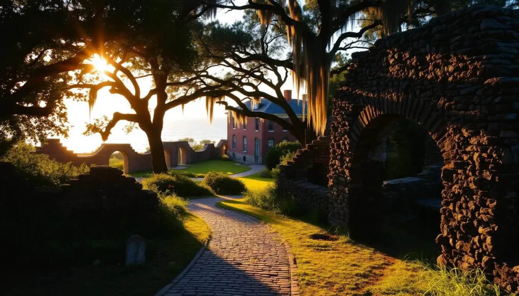 A picturesque scene of the historic Dungeness Ruins on the serene Cumberland Island, Georgia. The sun's golden rays bathe the crumbling stone walls and archways in a warm glow, casting soft shadows across the lush, verdant foliage. In the foreground, a cobblestone path winds through the ruins, inviting visitors to explore the remnants of this once-grand Carnegie estate. The middle ground features the iconic three-story mansion, its brick facade partially obscured by towering live oak trees draped in Spanish moss. In the distance, the shimmering Atlantic Ocean creates a tranquil backdrop, evoking a sense of timeless beauty and historical enchantment.