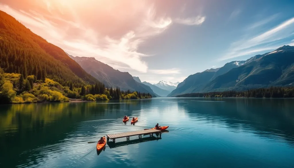 A picturesque scene of the iconic Columbia River, its pristine waters reflecting the lush, verdant shores and towering mountains in the distance. Warm sunlight filters through wispy clouds, casting a soft, golden glow over the serene landscape. In the foreground, a group of kayakers paddle leisurely, enjoying the tranquility of this natural wonder. The mid-ground features a small wooden dock, inviting visitors to explore the river's edge. In the background, snow-capped peaks rise majestically, creating a breathtaking backdrop for this idyllic water-based adventure.