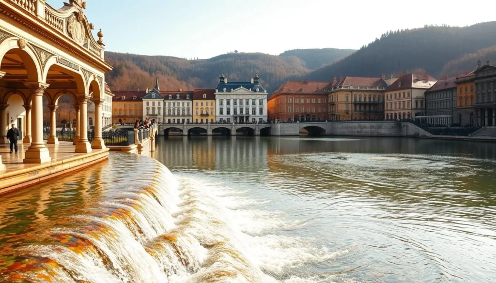 A picturesque scene of the iconic Karlovy Vary springs, surrounded by the charming architecture of the historic spa town. In the foreground, the colorful, mineral-rich waters cascade from the ornate colonnade, inviting visitors to dip their hands and experience the therapeutic qualities. The middle ground showcases the grand, historic buildings lining the riverbanks, their ornate facades reflecting in the still waters. In the background, the rolling, forested hills create a serene, tranquil atmosphere, bathed in warm, golden sunlight that casts a soft, diffused glow over the entire scene. Convey the sense of timeless elegance, relaxation, and the rejuvenating essence of this renowned Czech spa destination.