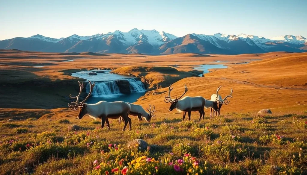 A picturesque scene of wildlife spotting in the vast, sweeping landscapes of Hardangervidda, Norway. In the foreground, a group of majestic reindeer grazing peacefully, their antlers silhouetted against the vibrant wildflowers dotting the rolling tundra. The middle ground reveals a cascading waterfall, its crystalline waters glistening in the warm, golden sunlight. In the distance, the rugged, snow-capped peaks of the Hardangervidda mountains rise majestically, creating a breathtaking backdrop. The air is crisp and clean, with a sense of tranquility and wonder pervading the scene. Capture this idyllic moment of nature's splendor through a wide-angle lens, showcasing the grandeur and serenity of this remarkable Norwegian wilderness.