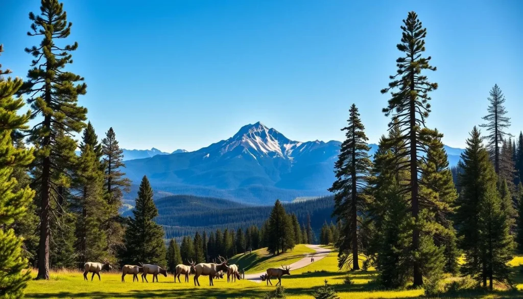 A picturesque scene of wildlife viewing in the majestic San Francisco Peaks of northern Arizona. Towering ponderosa pines frame the foreground, with a herd of elk grazing peacefully in a verdant meadow. In the middle ground, a winding trail leads hikers through the lush forest, while the distant peaks rise dramatically against a clear azure sky, their snow-capped summits glimmering in the warm sunlight. The tranquil atmosphere invites visitors to pause and observe the natural splendor, immersed in the sights and sounds of this pristine wilderness. A serene and awe-inspiring landscape, perfect for outdoor enthusiasts seeking a truly immersive experience in the heart of the Arizona Highlands.