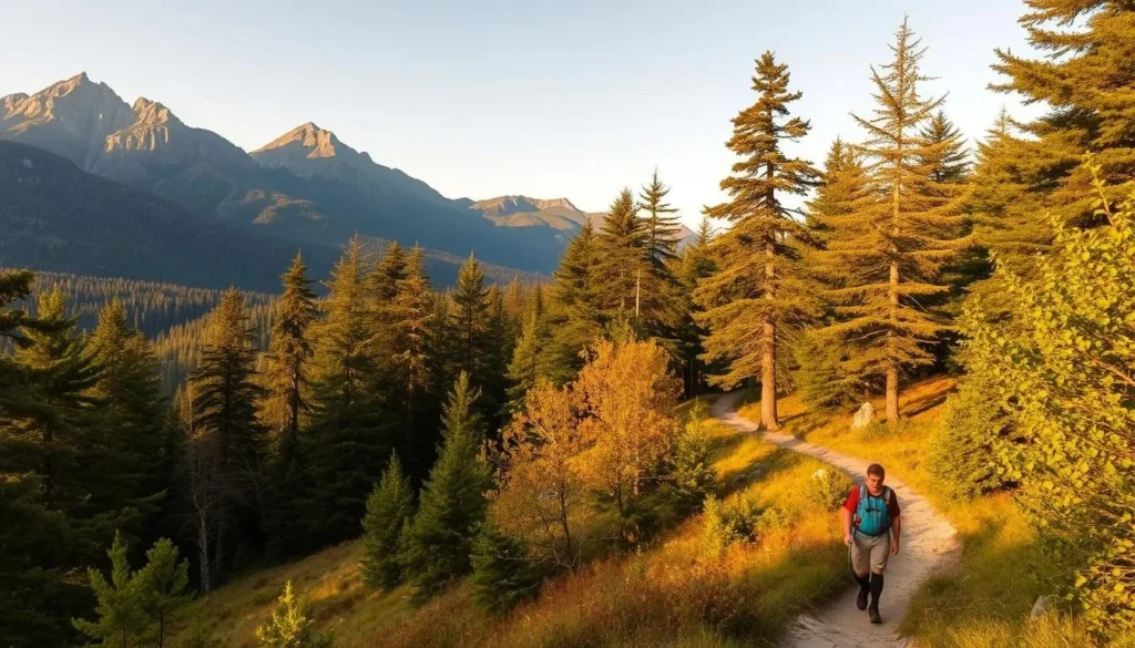 A picturesque scene of winding hiking trails through the lush, verdant Appalachian Mountains of Canada. Rugged, rocky peaks rise in the distant background, bathed in warm, golden sunlight. Closer, the trails wind through a forest of towering, ancient pines and maples, their leaves casting dappled shadows across the path. Hikers in the foreground traverse the gently sloping terrain, their packs and hiking gear suggesting an invigorating outdoor adventure. The atmosphere is one of tranquility and natural beauty, inviting the viewer to embark on an immersive exploration of this magnificent, untamed landscape.
