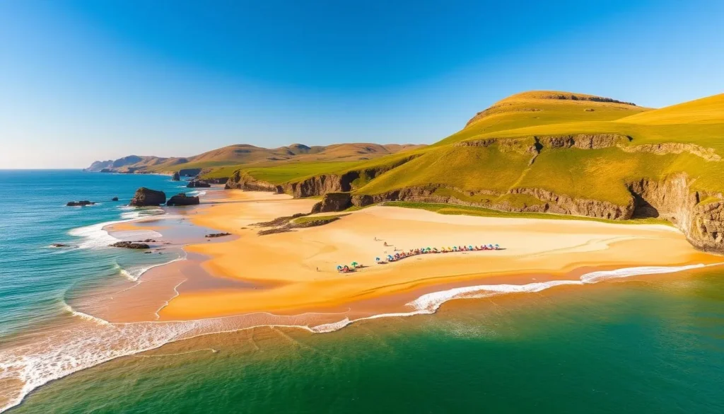 A picturesque seascape along the Causeway Coastal Route in Northern Ireland. A golden sandy beach stretches into the distance, flanked by rugged cliffs and rocky outcrops. The clear, turquoise waters of the Atlantic Ocean lap gently against the shore, reflecting the warm, golden light of the sun. In the middle ground, a scattering of colorful beach umbrellas and sunbathers enjoy the tranquil scene. Behind them, the undulating hills and lush greenery of the coastal landscape create a serene, natural backdrop. The composition is balanced, with a sense of depth and harmony, capturing the beauty and allure of this picturesque seaside location.