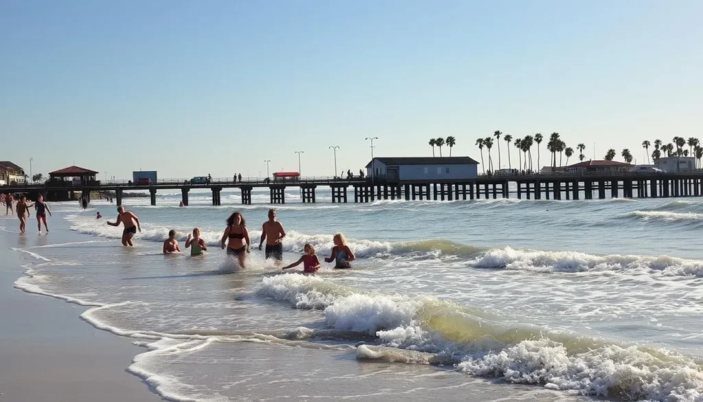 A picturesque seaside scene at Carolina Beach, North Carolina. Warm sunlight bathes the sandy shores, casting a golden glow on the rolling waves. In the foreground, a group of beachgoers frolic in the shallow waters, their laughter and joy palpable. The middle ground features a bustling pier, its wooden planks and colorful shops inviting exploration. In the distance, the silhouettes of palm trees sway gently against a clear, azure sky, creating a serene and tranquil backdrop. The overall atmosphere is one of relaxation and natural beauty, perfectly capturing the essence of a quintessential Carolina Beach photo opportunity.