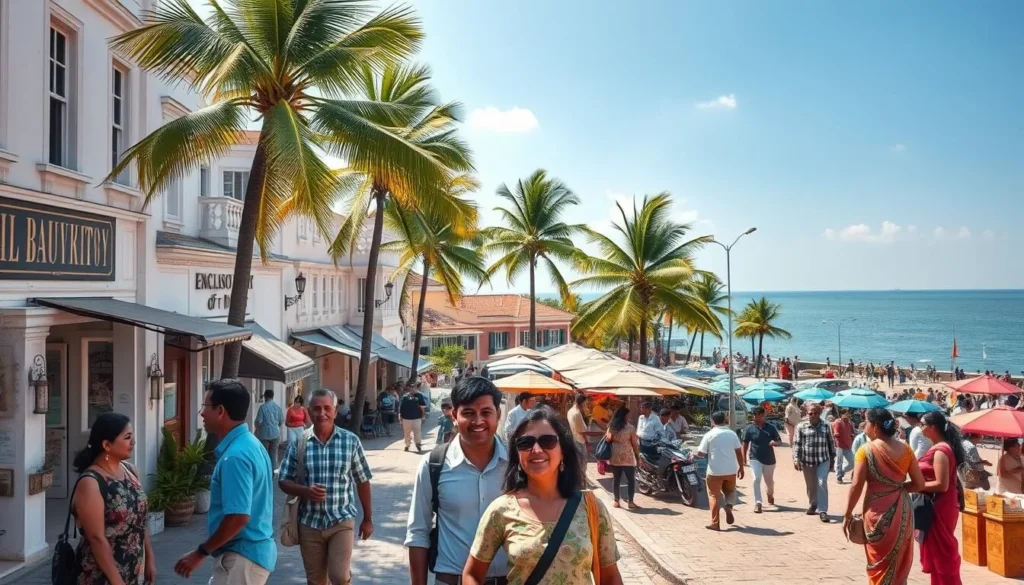 A picturesque seaside town in Puducherry, India, where the English language serves as a vibrant bridge, connecting people from diverse backgrounds. Capture the essence of this multicultural hub, with its colonial-era architecture and lively tourist activities. Depict a sun-dappled street lined with charming cafes, quaint shops, and locals conversing in English. In the foreground, a group of international travelers exploring the town, their expressions radiating curiosity and delight. In the middle ground, a bustling marketplace showcasing the region's unique crafts and cuisine. In the background, the shimmering waters of the Bay of Bengal, framed by swaying palm trees and a cloudless sky. Convey a sense of harmony, where the English language facilitates cultural exchange and creates a welcoming atmosphere for all.