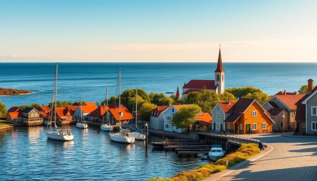 A picturesque seaside town nestled along the shores of the Naantali archipelago, basking in the warm, golden glow of the afternoon sun. Quaint wooden cottages, their vibrant facades reflecting in the calm, rippling waters. Sailboats lazily drift by, their masts swaying gently in the soft breeze. In the distance, the iconic red-roofed Cathedral of St. Birgitta stands tall, its spires reaching towards the cloudless azure sky. Cobblestone streets wind through the charming town center, lined with boutiques, cafés, and local artisan workshops. An atmosphere of tranquility and joy pervades the scene, inviting the viewer to explore this picturesque Finnish gem.