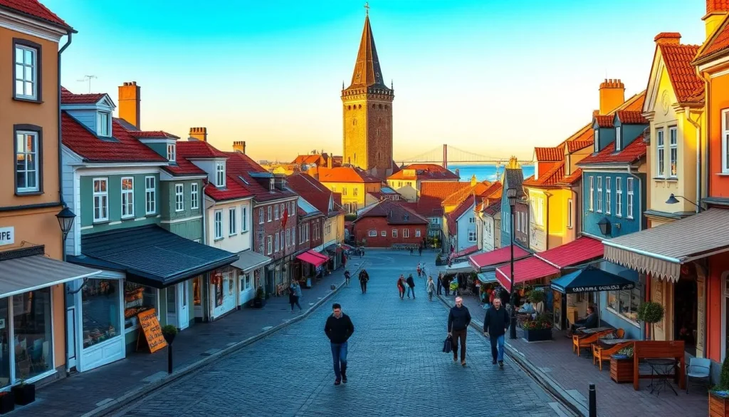 A picturesque seaside town nestled along the shores of the Öresund Strait, Helsingborg, Sweden is a charming blend of historic architecture and modern vibrancy. Capture the essence of this enchanting locale with a wide-angle view showcasing the iconic Kullagatan pedestrian street, its quaint shops and cafes lining the cobblestone pathways. In the background, the stately Kärnan tower, a medieval landmark, stands tall against a clear, azure sky. Warm, golden sunlight bathes the scene, casting a soft, inviting glow and highlighting the terracotta rooftops and pastel-colored buildings. Pedestrians stroll leisurely, immersed in the town's relaxed ambiance. Utilize a deep depth of field to ensure every detail, from the bustling harbor to the distant Öresundsbron bridge, is in sharp focus, inviting the viewer to explore the many wonders of Helsingborg.