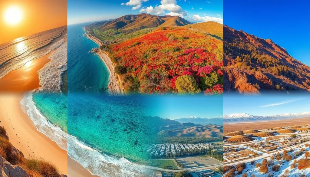 A picturesque seasonal breakdown of Israel's diverse landscapes: a sun-drenched coastal scene with golden sand, gently lapping waves, and azure skies in the summer; rolling hills blanketed in vibrant wildflowers during the spring; autumnal forests ablaze with warm hues; and snow-capped mountains casting long shadows across the land in the winter. Captured through the lens of a wide-angle camera, the image conveys the country's remarkable climatic variations and visual splendor throughout the year.