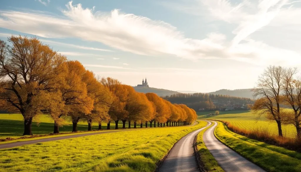 A picturesque seasonal landscape in Havlickuv Brod, Czech Republic. A serene country road winds through a lush, verdant meadow, framed by rows of ancient oak trees in full autumn foliage. In the distance, a quaint town nestled amidst rolling hills, its historic buildings and church steeples bathed in warm, golden sunlight. Wispy clouds drift overhead, casting soft shadows across the undulating terrain. The scene exudes a tranquil, pastoral atmosphere, inviting the viewer to slow down and savor the beauty of this charming Central European locale.