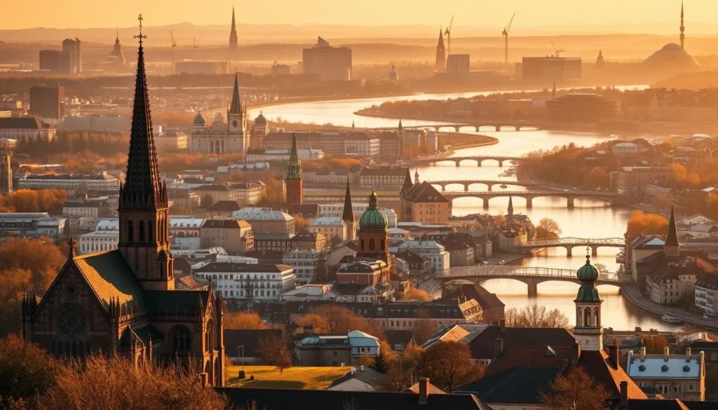 A picturesque skyline of Turku, Finland's oldest city, bathed in warm, golden light. In the foreground, the medieval Turku Cathedral and the iconic Aboa Vetus & Ars Nova museum stand tall, their intricate architecture and warm-toned facades casting long shadows. The middle ground reveals the winding Aura River, its calm waters reflecting the city's historic buildings and bridges. In the background, modern high-rises and towers intermingle with the spires of historic landmarks, creating a harmonious blend of old and new. The scene is infused with a serene, inviting atmosphere, inviting the viewer to explore the rich history and vibrant culture of this picturesque Finnish city.