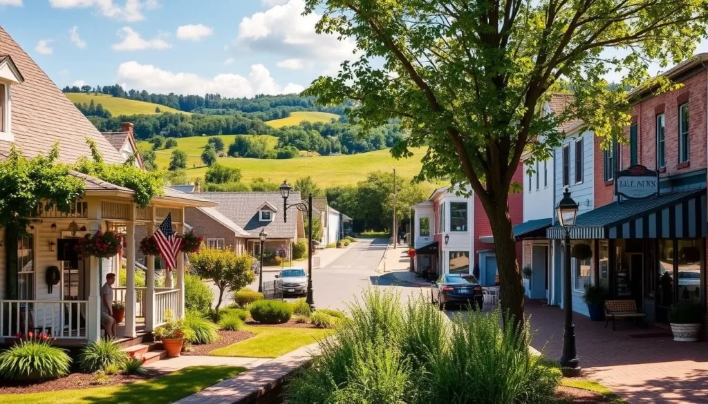 A picturesque small-town accommodation in Clayton, Delaware on a sunny day. In the foreground, a charming historic inn with well-maintained gardens and a porch inviting visitors to relax. The middle ground features a quaint main street lined with local shops and cafes, their facades reflecting the town's colonial-era architecture. In the background, rolling hills and lush greenery create a serene, pastoral backdrop. Warm, natural lighting bathes the scene, evoking a sense of tranquility and hospitality. The overall composition conveys the cozy, welcoming atmosphere of this Delaware destination, perfect for planning a peaceful getaway.