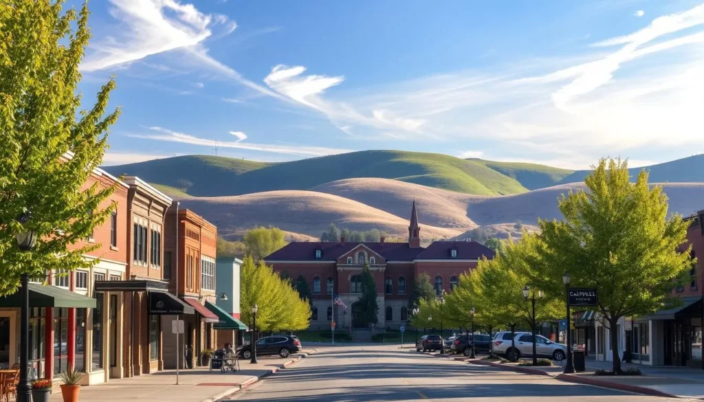 A picturesque small town nestled along the banks of the Boise River, Caldwell, Idaho exudes a charming, historic ambiance. In the foreground, quaint Main Street shops and cafes invite visitors to explore local boutiques and savor regional cuisine. The middle ground features the stately Caldwell College campus, its red-brick buildings and manicured lawns bathed in warm, golden afternoon light. In the background, the rolling hills of the Treasure Valley rise up, their lush, verdant slopes framing the scene in a pastoral embrace. Wispy clouds drift overhead, and a gentle breeze rustles the leafy trees lining the streets. An air of tranquility and small-town contentment permeates the setting, inviting the viewer to step into this picturesque Idaho town and discover its unique charms.