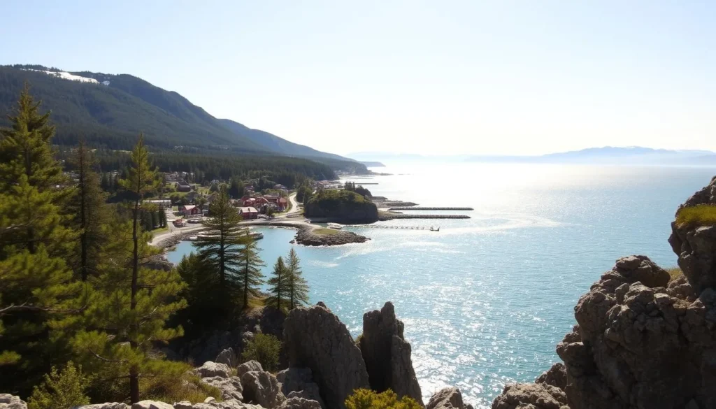 A picturesque southern Norway coastline on a bright, sunny day. In the foreground, rugged cliffs and rocky outcroppings jut out into the shimmering azure waters of the Skagerrak strait. Lush, verdant pines and birch trees dot the landscape, creating a serene, natural atmosphere. In the middle ground, small, charming coastal towns with colorful wooden houses and docks line the shore, beckoning visitors to explore. The background is dominated by distant, snow-capped mountains, their peaks reflecting the warm, golden sunlight. The scene exudes a sense of tranquility and natural beauty, capturing the essence of Norway's southern gem, Mandal. A picturesque southern Norway coastline on a bright, sunny day. In the foreground, rugged cliffs and rocky outcroppings jut out into the shimmering azure waters of the Skagerrak strait. Lush, verdant pines and birch trees dot the landscape, creating a serene, natural atmosphere. In the middle ground, small, charming coastal towns with colorful wooden houses and docks line the shore, beckoning visitors to explore. The background is dominated by distant, snow-capped mountains, their peaks reflecting the warm, golden sunlight. The scene exudes a sense of tranquility and natural beauty, capturing the essence of Norway's southern gem, Mandal.