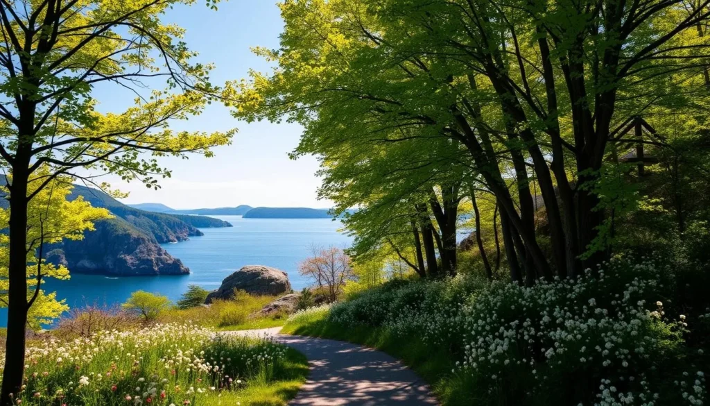 A picturesque spring day in Bar Harbor, Maine. Vibrant green foliage adorns the lush deciduous trees, contrasting with the rugged granite cliffs and deep blue waters of Frenchman Bay. In the foreground, a winding path leads through a carpet of blooming wildflowers, inviting a leisurely stroll. Soft natural lighting filters through the canopy, casting warm shadows and highlights across the scene. The atmosphere is serene and tranquil, capturing the essence of nature's awakening in this coastal New England town.