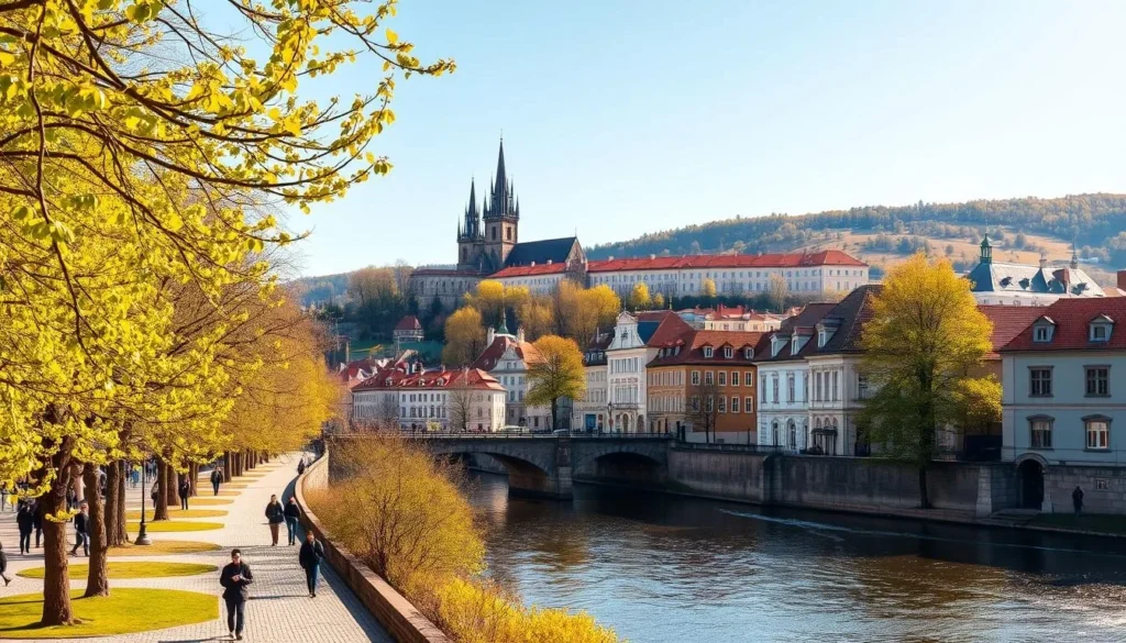 A picturesque spring day in Prague's historic center. Warm sunlight filters through the lush foliage, casting a golden glow on the iconic spires and red-tiled roofs. In the foreground, a tranquil Vltava river reflects the stunning Baroque architecture lining its banks. Pedestrians stroll along the cobblestone streets, taking in the vibrant blooms of the season. The middle ground features the stunning silhouette of Prague Castle, its Gothic splendor towering over the charming Malá Strana district. In the distance, the striking Petřín Hill rises, its verdant slopes a serene backdrop to this picturesque springtime scene. A wide-angle lens captures the essence of Prague in its most inviting season.