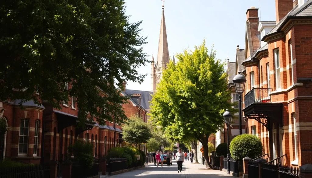 A picturesque street in Croydon, South London, on a pleasant sunny day. The scene showcases a charming row of traditional Victorian townhouses with brick facades and ornate architectural details. Lush trees line the sidewalks, casting dappled shadows on the pavement. In the distance, the spire of a historic church tower rises, adding a touch of character to the urban landscape. The lighting is soft and warm, creating a welcoming, tranquil atmosphere. A group of people stroll leisurely, highlighting the vibrant, pedestrian-friendly nature of this hidden gem in the heart of the city.