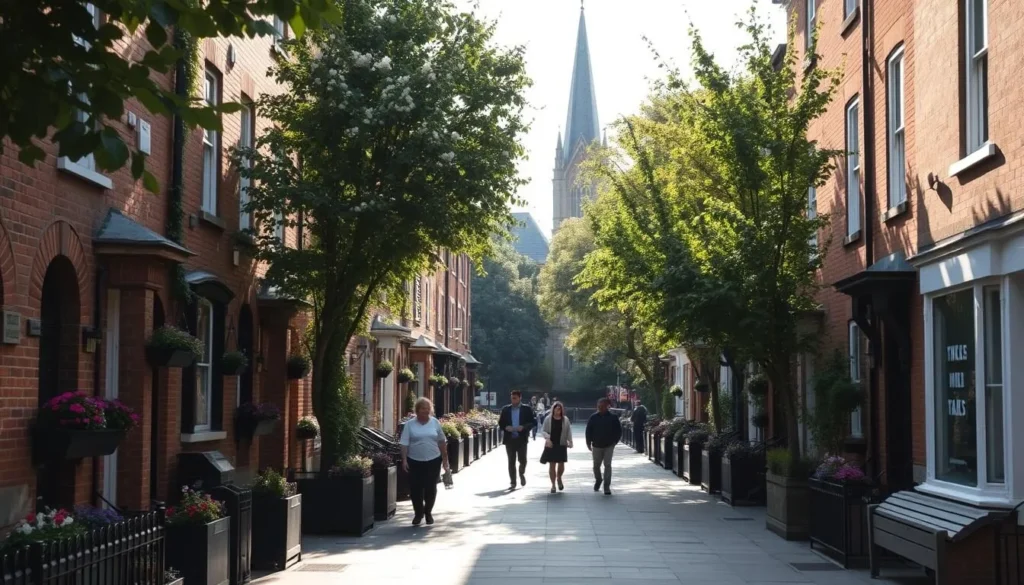 A picturesque street in the charming Sutton Borough, London. Quaint brick townhouses line the tree-lined sidewalks, their facades adorned with intricate architectural details. The sun casts a warm glow, illuminating the vibrant flower boxes and potted plants adorning the doorways. In the middle ground, locals stroll along the pavement, enjoying the peaceful atmosphere. In the distance, the spire of a historic church rises above the rooftops, providing a focal point for the serene scene. The overall mood is one of tranquility and community, capturing the essence of this delightful London borough.