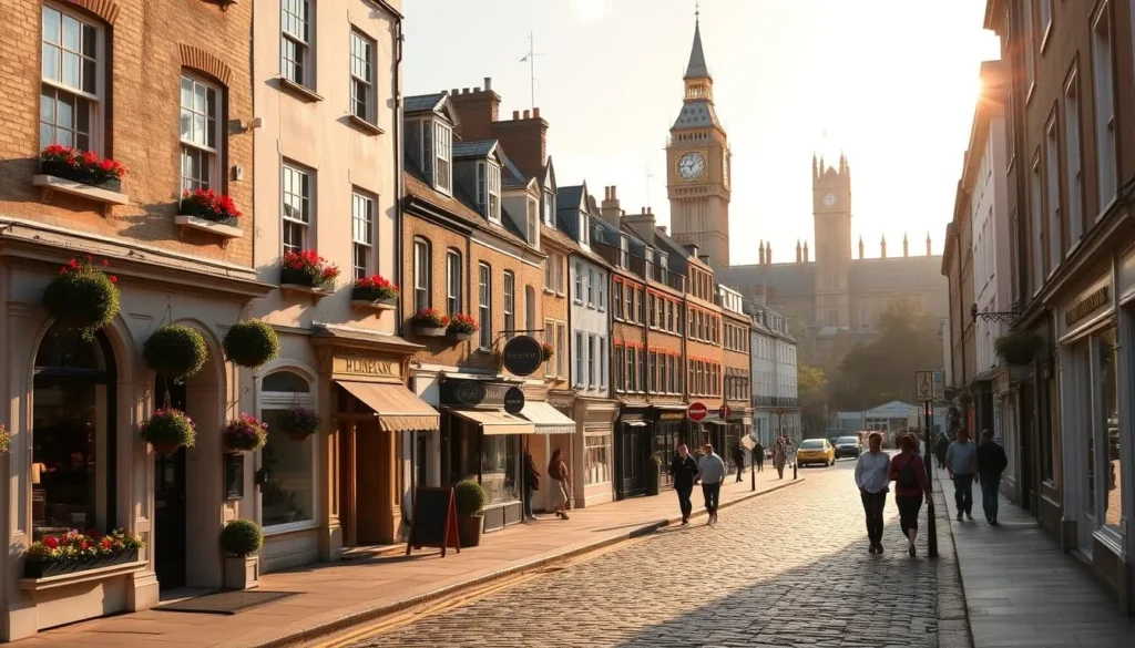 A picturesque street in the heart of Westminster, London, bathed in warm, golden sunlight. Charming row houses in muted pastel shades line the cobblestone road, their windows adorned with flower boxes and hanging baskets. Quaint shops and cafes spill out onto the sidewalks, their facades adorned with intricate architectural details. In the distance, the iconic silhouette of Big Ben and the Houses of Parliament can be seen, creating a harmonious blend of historic and modern elements. Pedestrians stroll leisurely, immersed in the tranquil ambiance of this hidden gem neighborhood.
