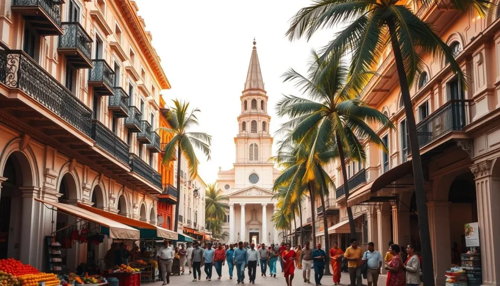 A picturesque streetscape in Puducherry, India, showcasing the French colonial legacy. In the foreground, elegant French-style architecture with ornate balconies and wrought-iron details adorns the buildings. Vendors sell fresh produce and handcrafted goods under colorful awnings. In the middle ground, people stroll leisurely, their vibrant clothing adding to the lively atmosphere. The background features a grand church spire, its classical design a testament to the enduring French influence. Warm, golden sunlight filters through the palm trees, casting a soft, dreamy glow over the scene. The overall mood is one of cultural richness, historical significance, and a blend of French and Indian traditions.
