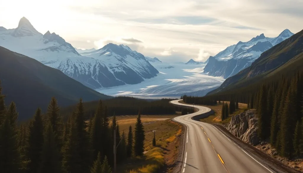 A picturesque stretch of the Icefields Parkway winds through the Canadian Rockies, flanked by majestic snow-capped peaks and vast glacial fields. Capture the awe-inspiring scenery with a wide-angle lens, showcasing the winding road as it snakes through the dramatic landscape. Sunlight filters through wispy clouds, casting a warm, golden glow over the scene. In the foreground, lush evergreen forests frame the road, while in the distance, towering glaciers and jagged rock formations dominate the horizon. Convey a sense of tranquility and adventure, inviting the viewer to embark on an unforgettable journey through this breathtaking natural wonder.