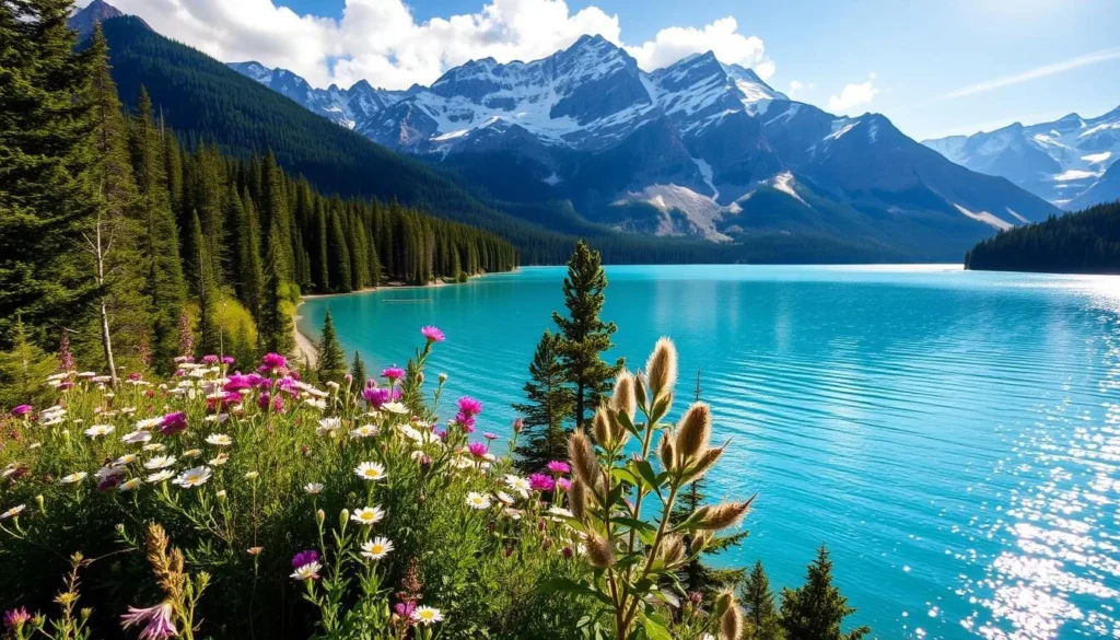 A picturesque summer day at Peyto Lake, Alberta. The cerulean waters glisten under the warm sun, reflecting the towering snow-capped peaks of the Canadian Rockies in the background. Lush green forests line the shores, with wildflowers blooming in the foreground. A gentle breeze rustles the trees, creating a serene and peaceful atmosphere. The scene is captured through a wide-angle lens, offering a panoramic view that showcases the breathtaking natural beauty of this iconic destination. The lighting is soft and natural, highlighting the vibrant colors and creating a sense of tranquility.