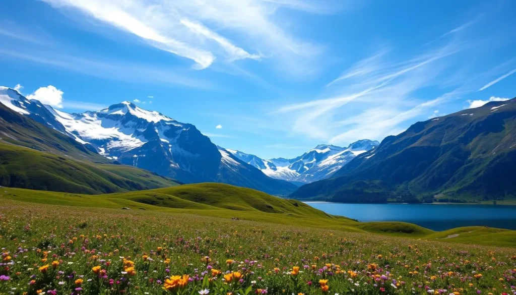 A picturesque summer day in Pieljekaise National Park, Sweden. Lush, rolling hills in the foreground are blanketed with a vibrant wildflower meadow. Towering, snow-capped peaks jut into a bright, azure sky, their rugged faces casting dramatic shadows. Sunlight filters through wispy, high-altitude clouds, illuminating the serene, pristine landscape. A tranquil lake reflects the surrounding natural beauty, its calm waters inviting exploration. The overall scene exudes a sense of peaceful solitude, capturing the ideal weather conditions for hiking, wildlife viewing, and immersing oneself in the park's majestic splendor.