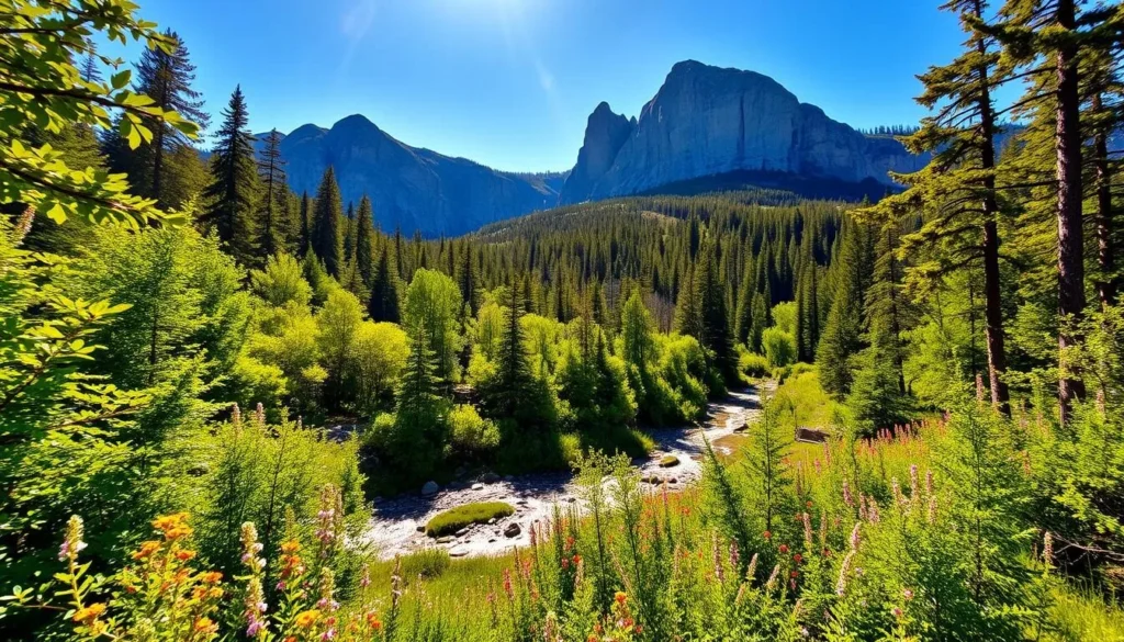 A picturesque summer day in Skuleskogen National Park, Sweden. Lush, verdant forests stretch out in the foreground, dotted with vibrant wildflowers. Sunlight filters through the canopy, casting a warm, golden glow over the scene. In the middle ground, a crystal-clear stream winds its way through the landscape, its gentle currents reflecting the surrounding foliage. Towering granite cliffs rise in the distance, their jagged peaks silhouetted against a brilliant azure sky. The overall atmosphere is one of tranquility and natural wonder, perfectly capturing the essence of this breathtaking Swedish wilderness.