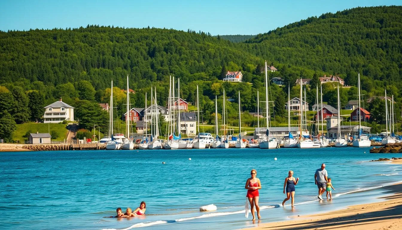 A picturesque summer day on Lidingö Island, Sweden. In the foreground, a pristine beach with families strolling along the shore, children playing in the gentle waves. The middle ground features a charming harbor filled with colorful sailboats and yachts, their masts gently swaying in the light breeze. In the background, rolling hills covered in lush, verdant foliage, punctuated by the iconic red and white Swedish cottages. The scene is bathed in warm, golden sunlight, creating a serene and inviting atmosphere. Capture this idyllic island escape with a wide-angle lens to showcase the natural beauty and tranquility of Lidingö.