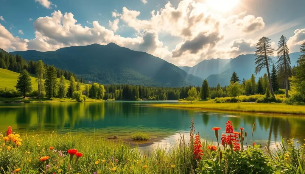 A picturesque summer landscape at Lake Vansjo, Norway. In the foreground, a serene, crystal-clear lake reflects the surrounding verdant hills and vibrant wildflowers. The middle ground features a lush, verdant forest with tall, stately pines and birch trees. In the background, rolling mountains rise majestically, their peaks partially obscured by wispy, cottony clouds. The warm, golden sunlight filters through the trees, casting a soft, ethereal glow over the scene. The overall atmosphere is one of tranquility, natural beauty, and the joyful embrace of the summer season.