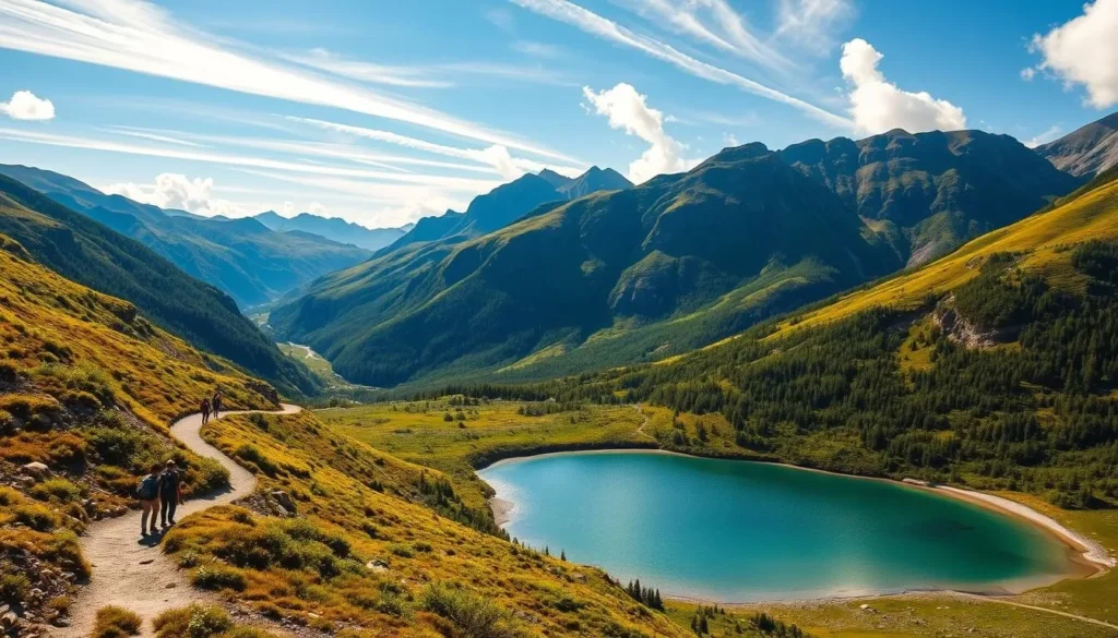 A picturesque summer scene in the lush, verdant Trollheimen mountains of Norway. Rugged peaks and rolling hills are bathed in warm golden light, with a crystal-clear lake reflecting the surrounding natural beauty. Hikers traverse a winding trail, taking in the serene atmosphere and breathtaking vistas. Wispy clouds dot the bright blue sky, adding depth and dimension to the landscape. The rich, earthy tones of the terrain are complemented by the vibrant greens of the dense foliage. An idyllic, tranquil setting that captures the essence of Trollheimen's stunning summertime splendor.