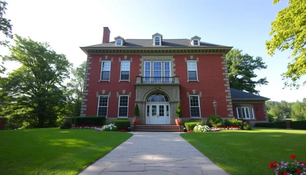A picturesque three-story brick building with ornate stone detailing, the William Pryor Letchworth Museum stands proud against a backdrop of lush greenery. Tall windows let in soft, natural light, casting a warm glow over the entrance and surrounding grounds. In the foreground, a stone path leads visitors towards the grand entryway, flanked by neatly manicured lawns and vibrant flower beds. The overall scene conveys a sense of timeless elegance and historical significance, inviting visitors to explore the museum's treasures. A clear, cloudless sky overhead completes the tranquil, serene atmosphere.