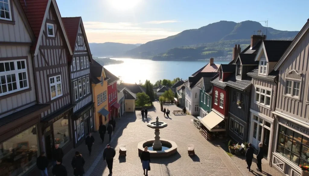 A picturesque town center in Seljord, Norway, showcasing a collection of charming art galleries. The sun casts a warm glow over the quaint buildings, their facades adorned with intricate architectural details. In the foreground, pedestrians stroll along the cobblestone streets, admiring the art displayed in the gallery windows. The middle ground features a tranquil town square, with a central fountain and benches where locals and visitors gather. In the background, the majestic Lake Seljordsvatnet gleams, framed by rolling hills and lush greenery. The scene exudes a serene, cultural atmosphere, inviting exploration of the vibrant artistic community.